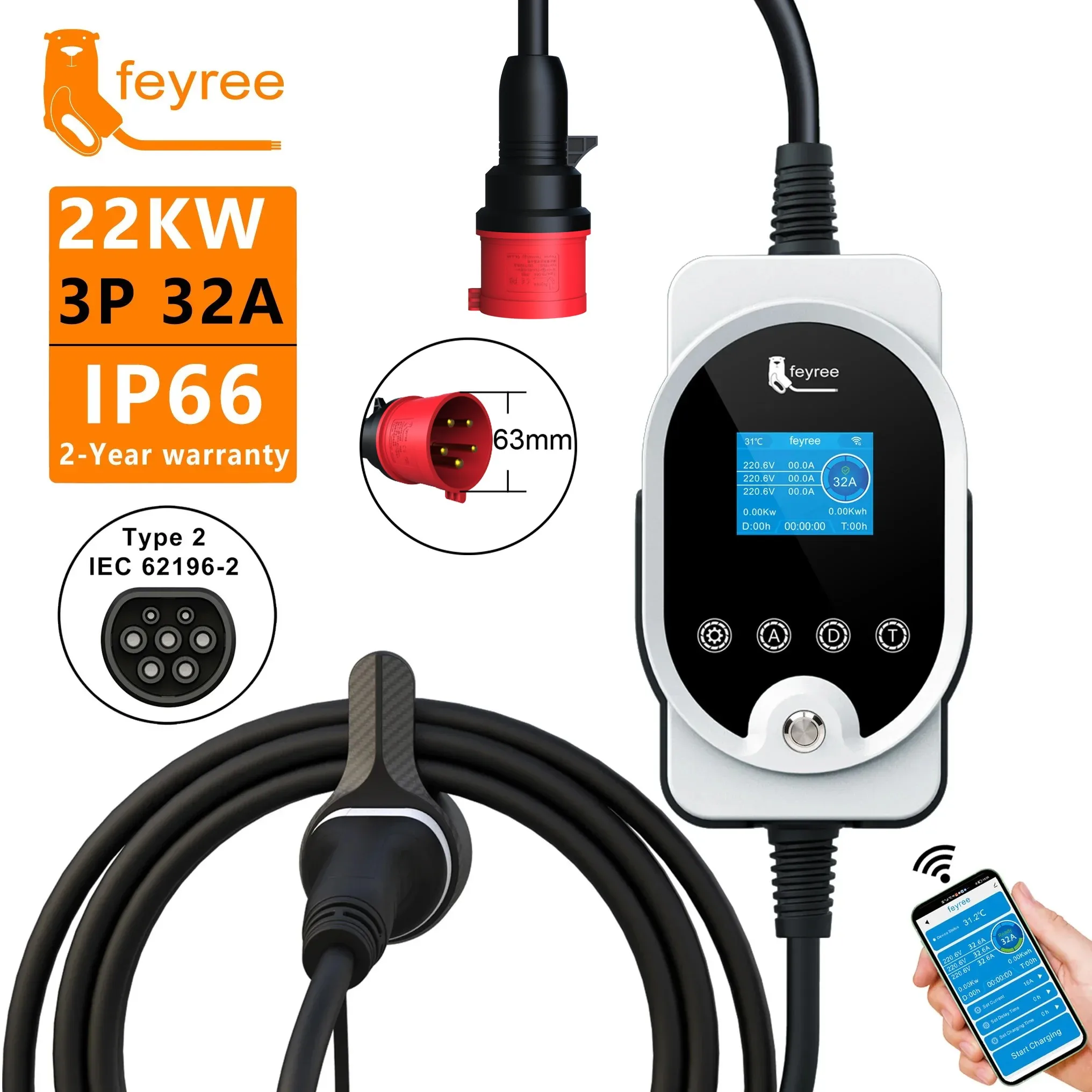 Feyree 22KW Type2 Câble EVSE W - Ev Charger Type 2 22Kw 32A 3 Phase avis et prix